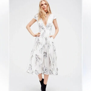 Free People Womens Size 2 Floral Printed Retro Midi V-Neck Dress with Pockets